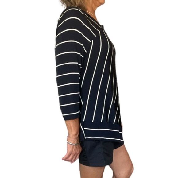 CHICO’S TRAVELERS ASYMMETRIC NAVY AND WHITE STRIPE - Picture 2 of 5